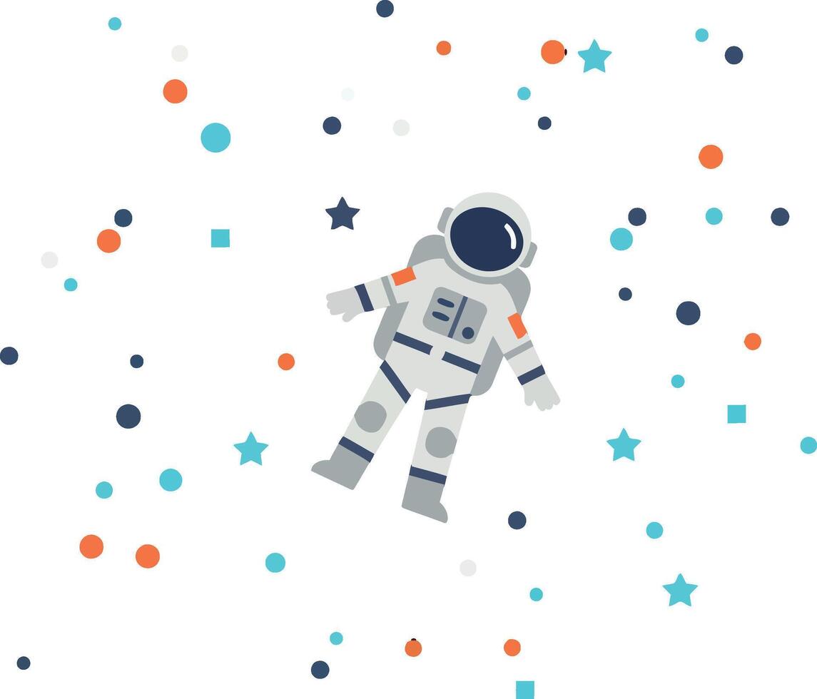 Astronaut floating in space surrounded by colorful stars and planets in flat art vector