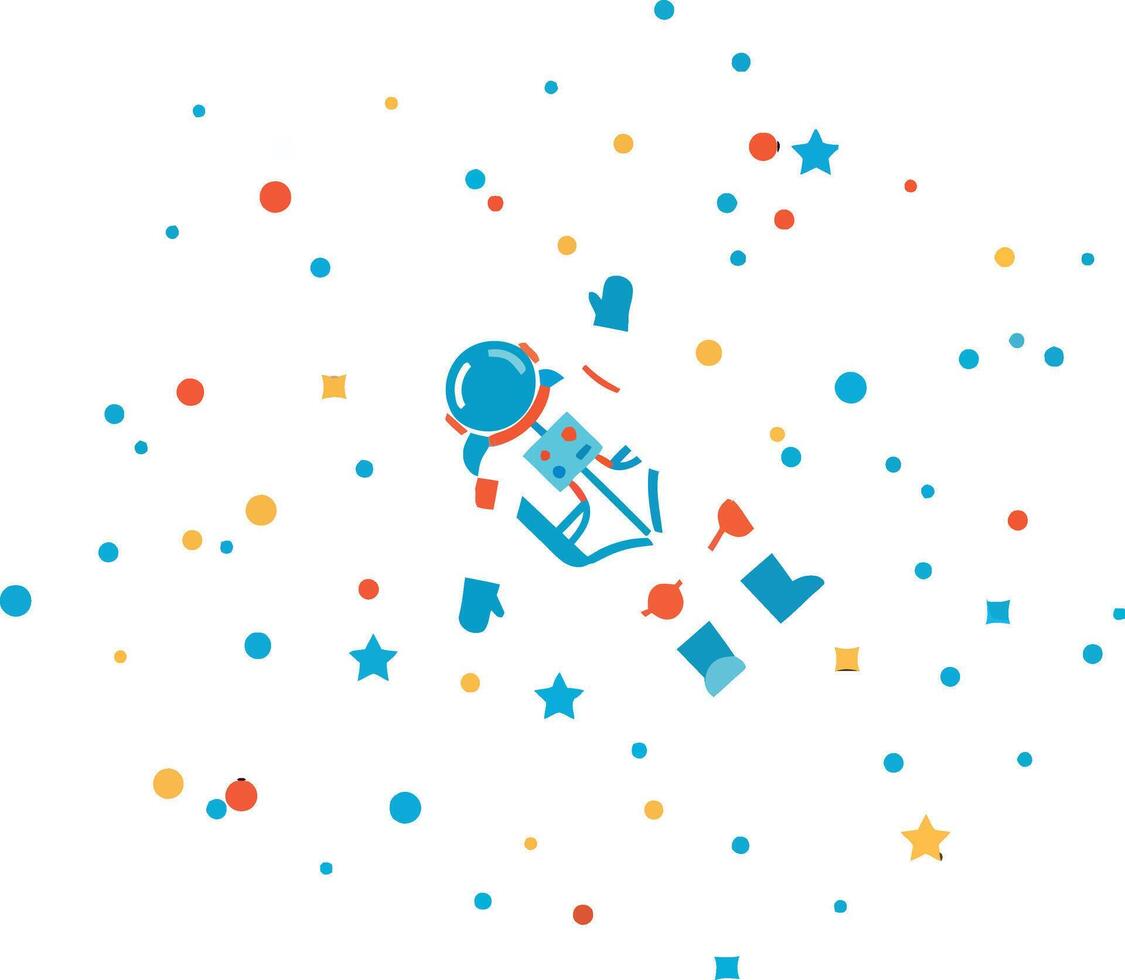 Astronaut floating in colorful space surrounded by stars and geometric shapes in minimal art vector