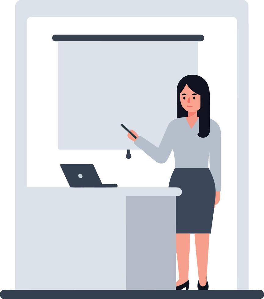 Businesswoman presenting in a modern office with a projector screen in flat art vector