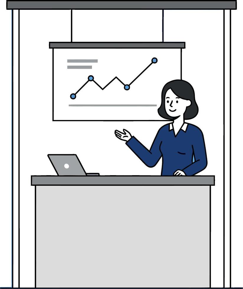 Professional woman presenting business graphs at a modern desk in flat art vector