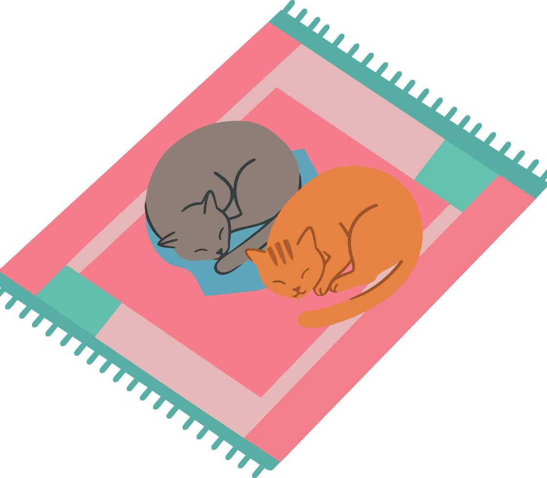 Two adorable cats sleeping peacefully on a colorful woven rug in flat art vector