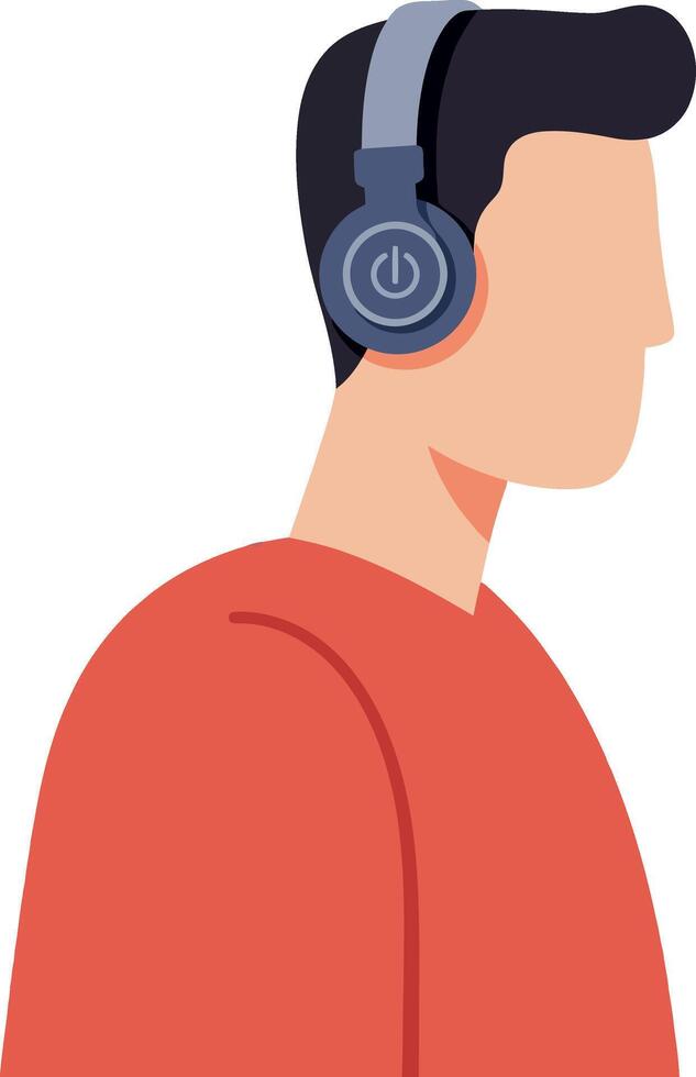 Young man wearing headphones in a casual red shirt, flat illustration vector