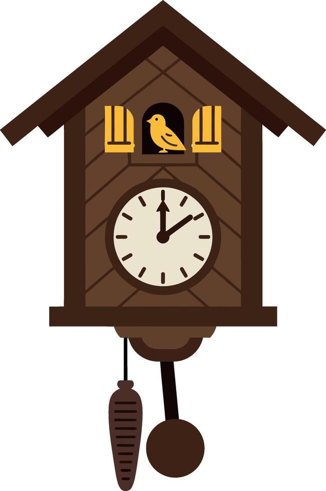 Cuckoo clock with intricate wooden design featuring a yellow bird, flat illustration vector