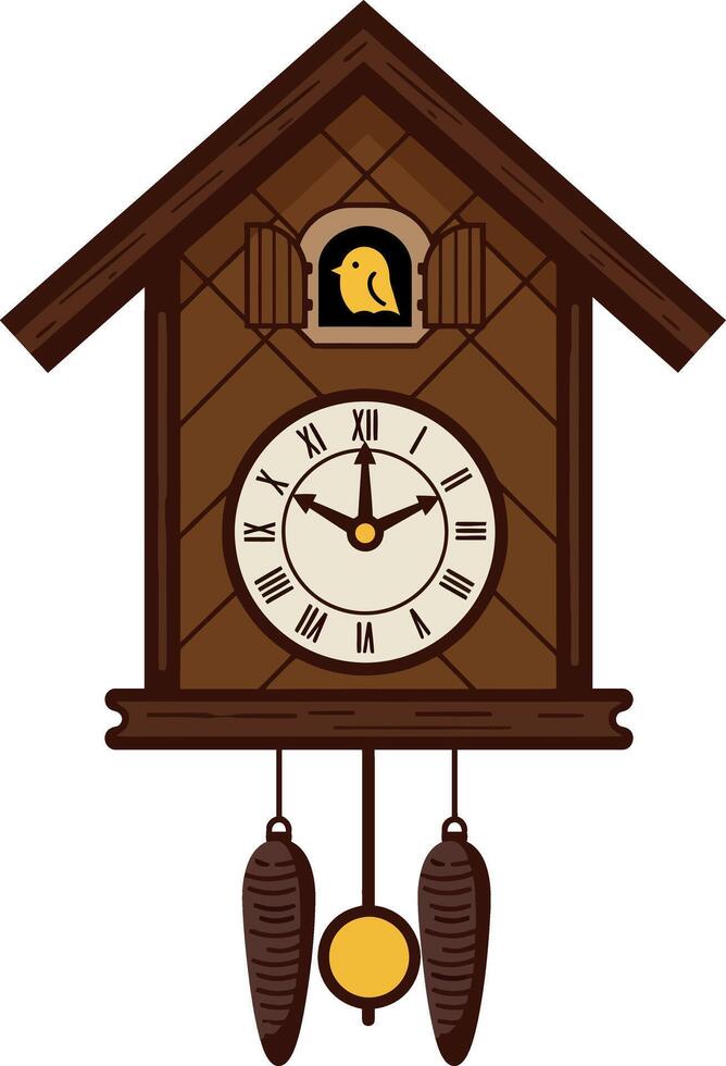 Traditional cuckoo clock design in flat style showcasing intricate woodwork and a playful bird art vector