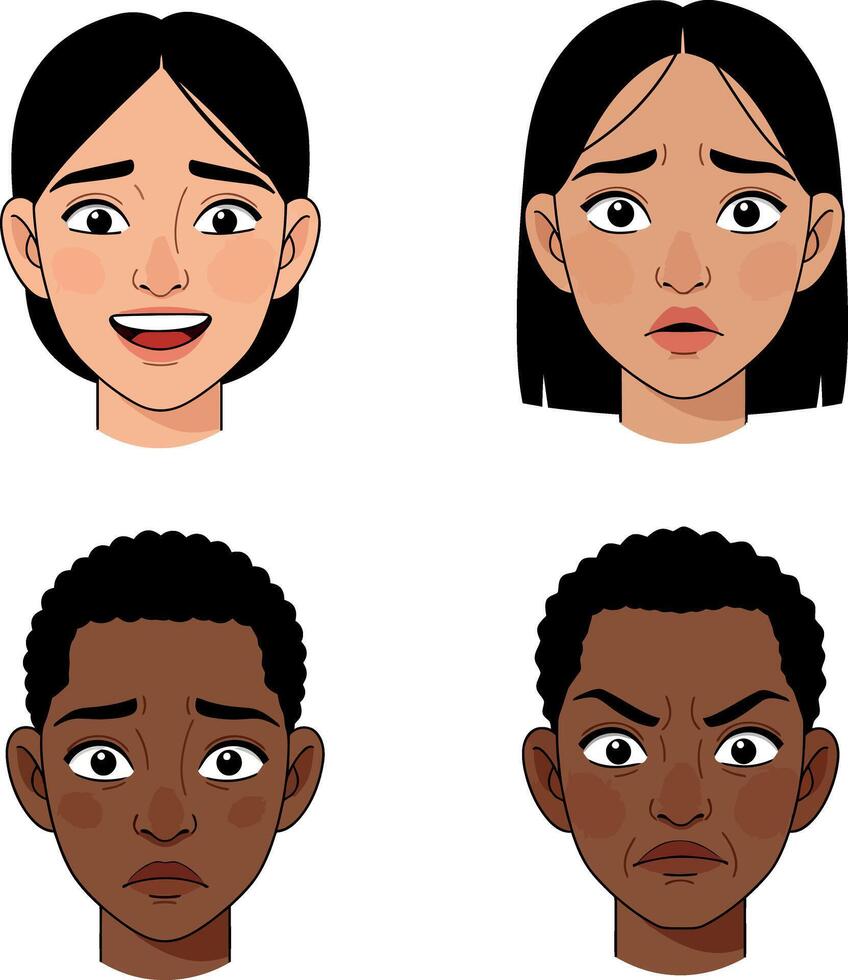 Four diverse facial expressions in a flat, minimal design style showcasing emotions in art vector