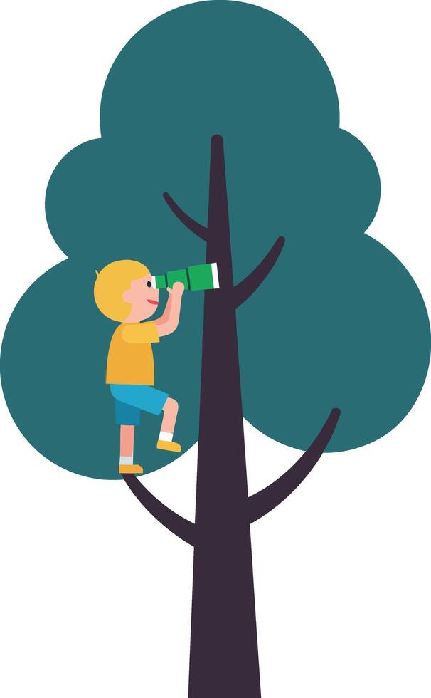 A child climbing a tree with binoculars in a playful flat illustration vector