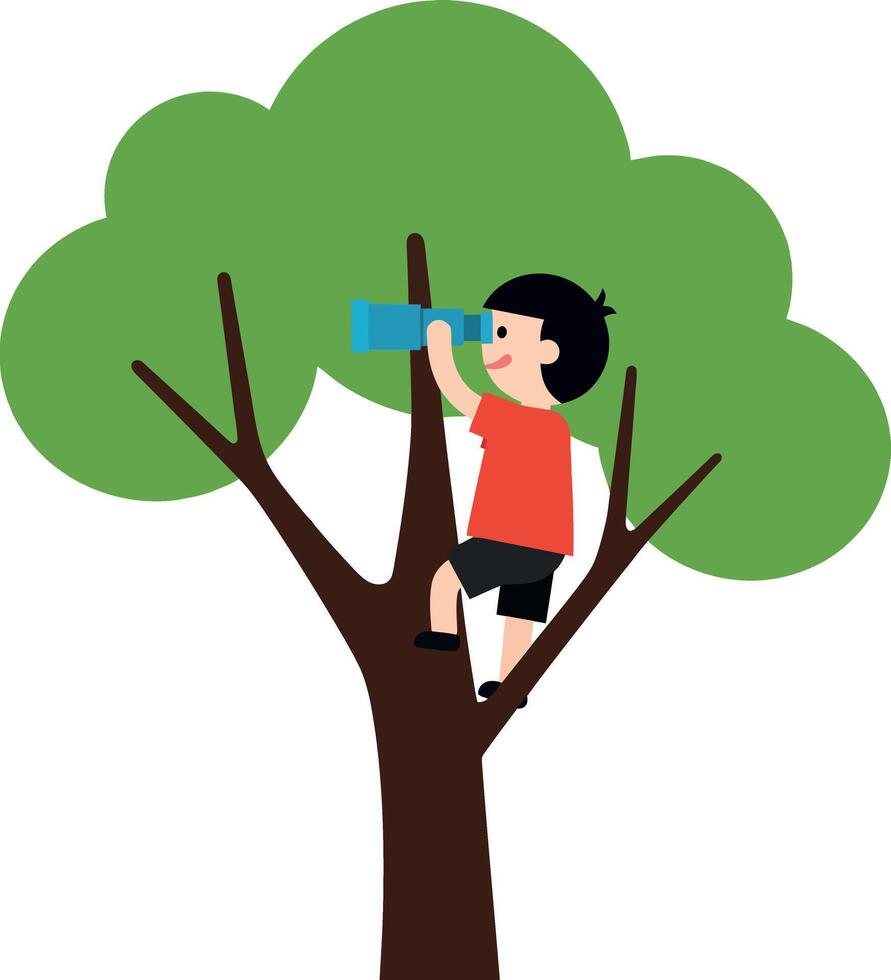A cheerful boy climbing a tree while observing with binoculars in a flat illustration vector