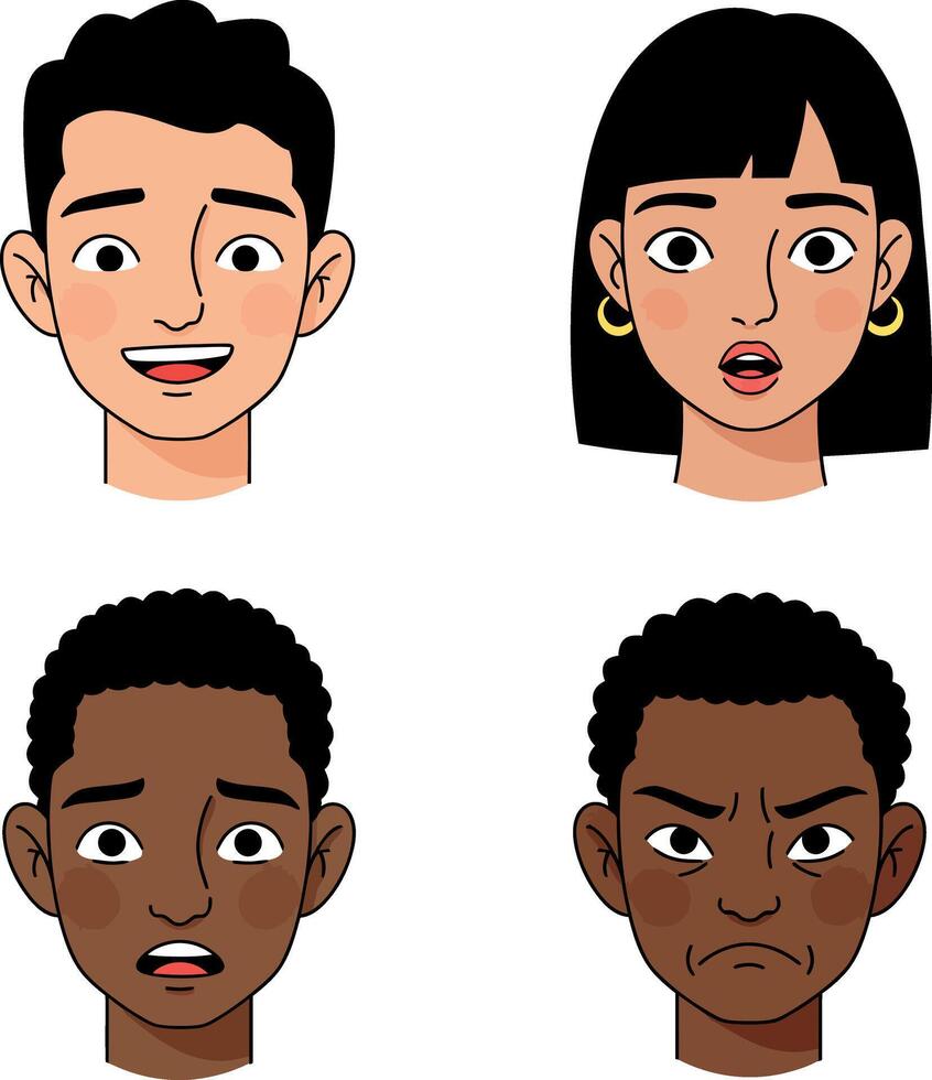 Four diverse cartoon faces showcasing different emotions in a flat illustration vector