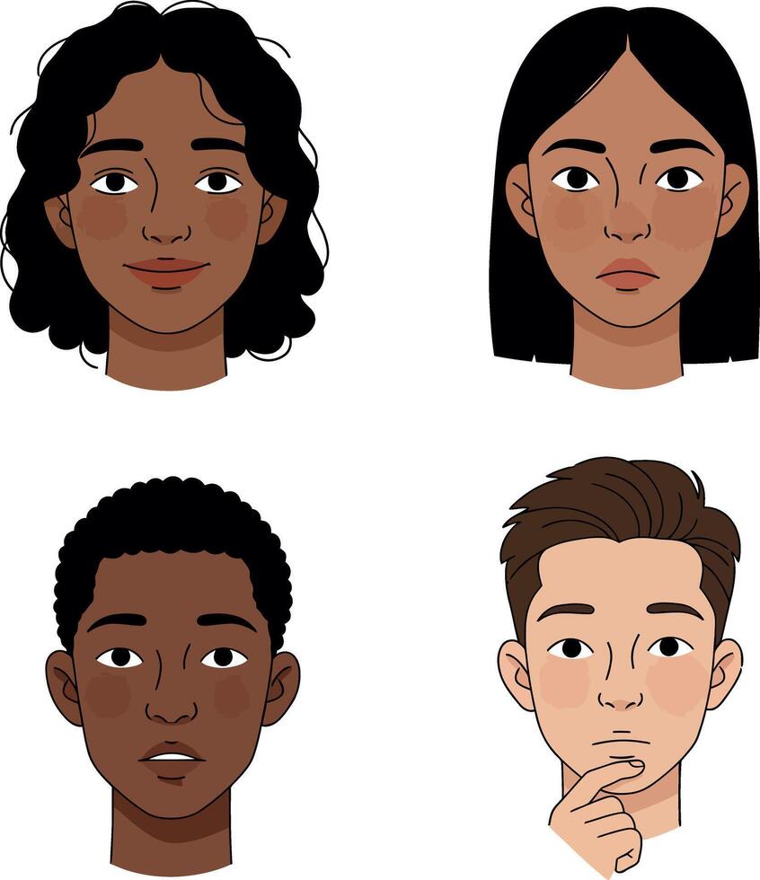 Four diverse people with varying hairstyles and expressions in a flat illustration vector