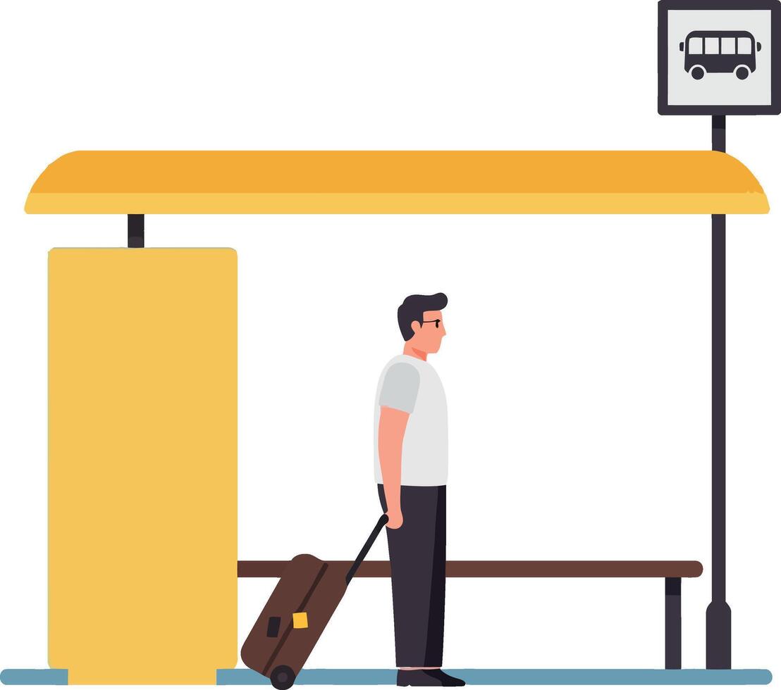 Man waiting at a bus stop with a suitcase under a bright yellow shelter in flat art vector