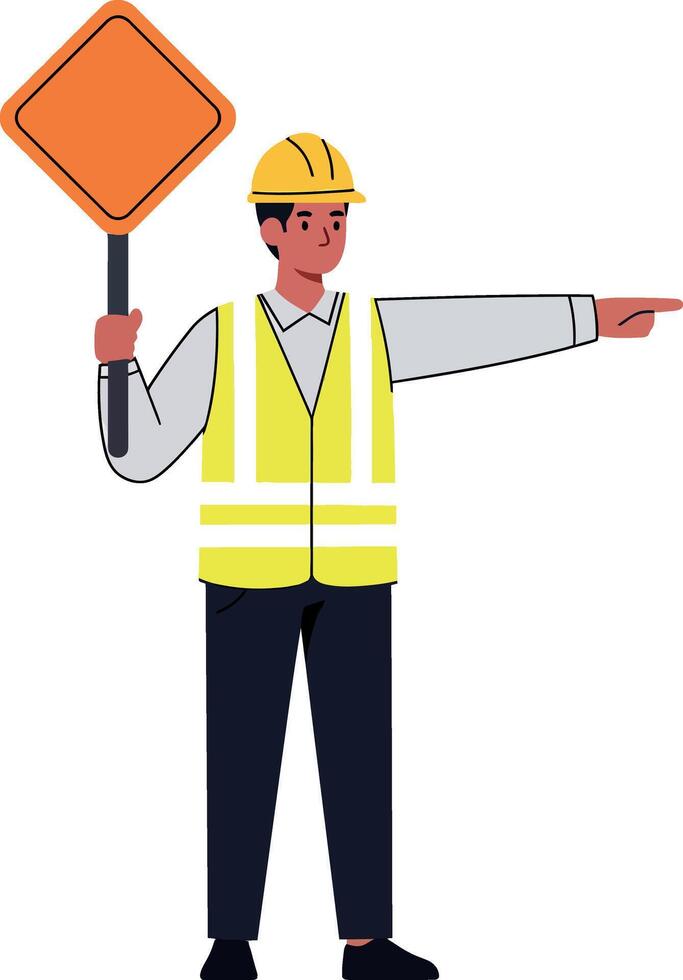 Construction worker in yellow safety vest directing traffic with orange sign, flat illustration vector
