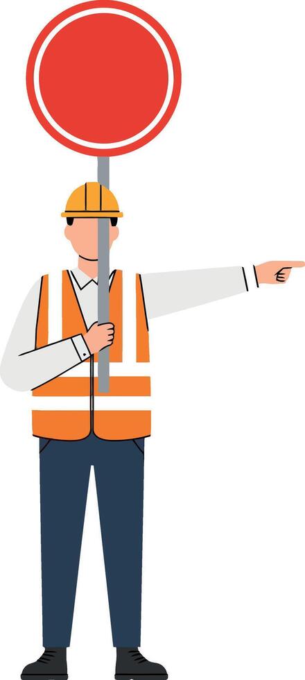 Construction worker in safety gear holding a stop sign in a flat illustration vector