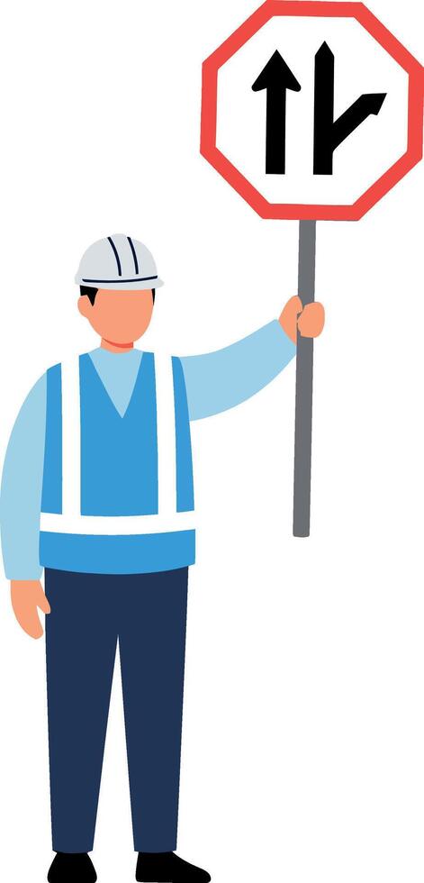 Construction worker holding a traffic sign in a flat, minimal design illustration vector
