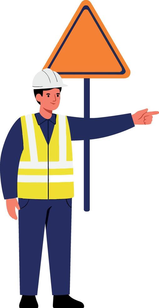 Construction worker in safety vest gesturing towards caution sign in flat art vector