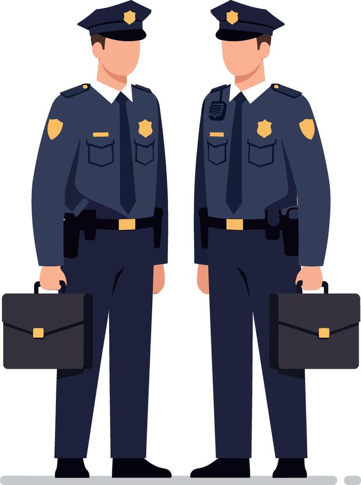 Two uniformed police officers standing together in detailed flat art vector