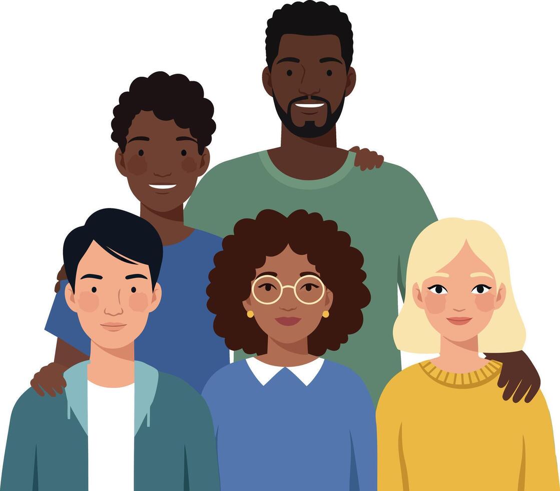 Diverse group of five friends smiling together in a flat illustration vector