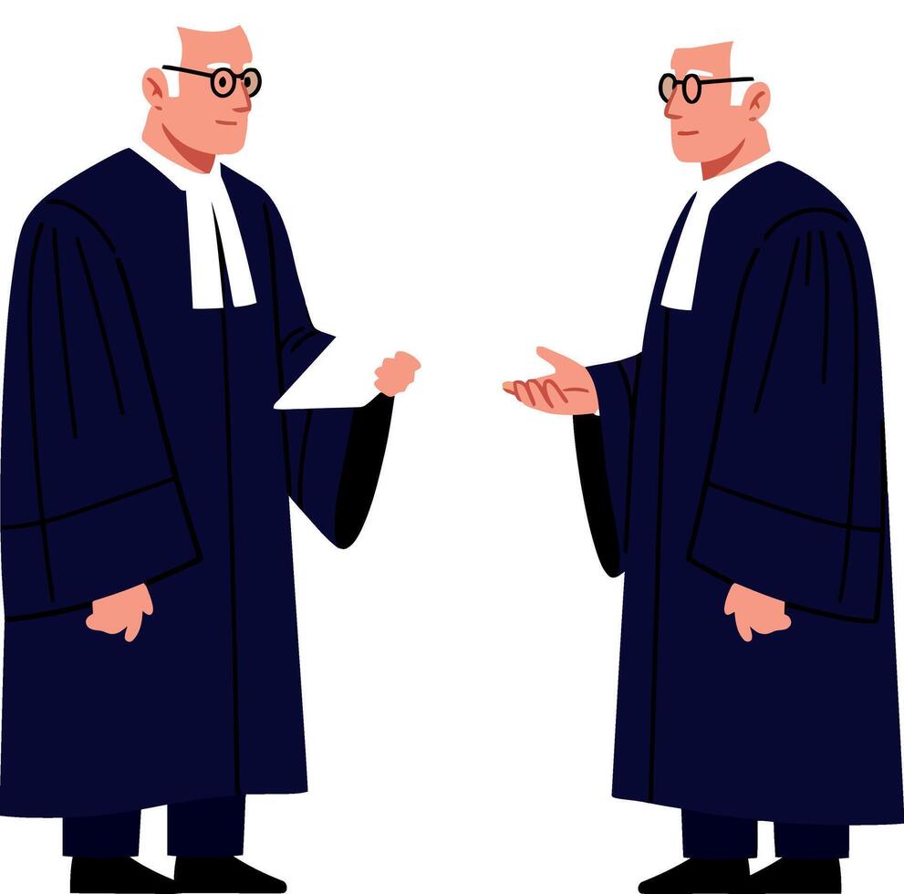 Two judges in black robes discussing legal documents in a flat illustration vector