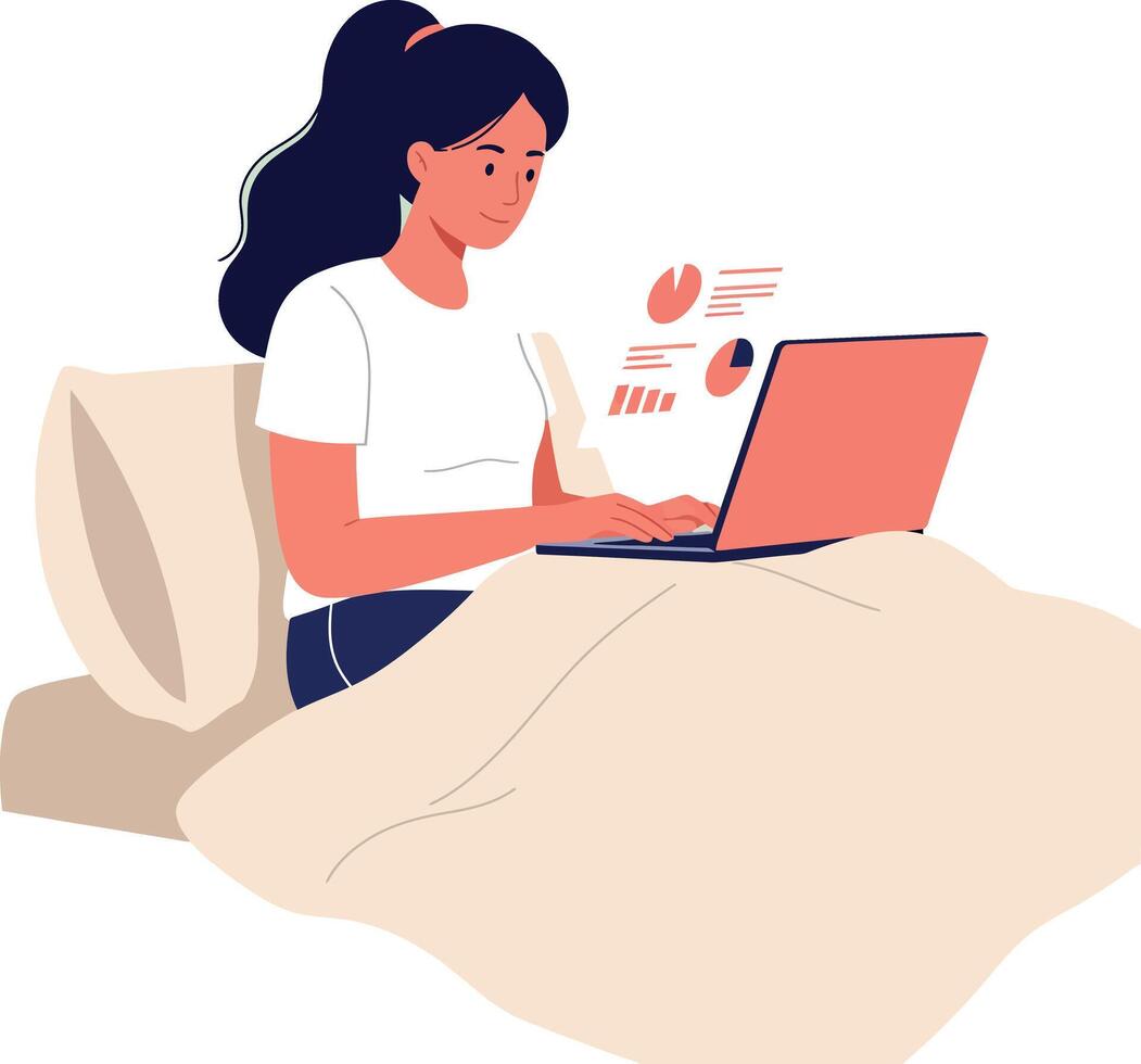 Woman working on a laptop in bed, minimalistic flat design illustration vector