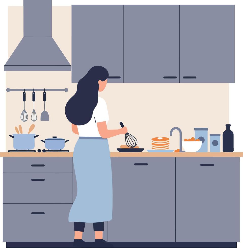 Woman cooking in a modern kitchen with minimalist design and bright colors in art vector