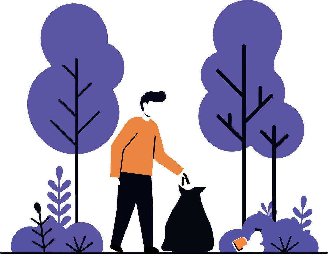 A person collecting trash in a park surrounded by vibrant trees in a minimal illustration vector