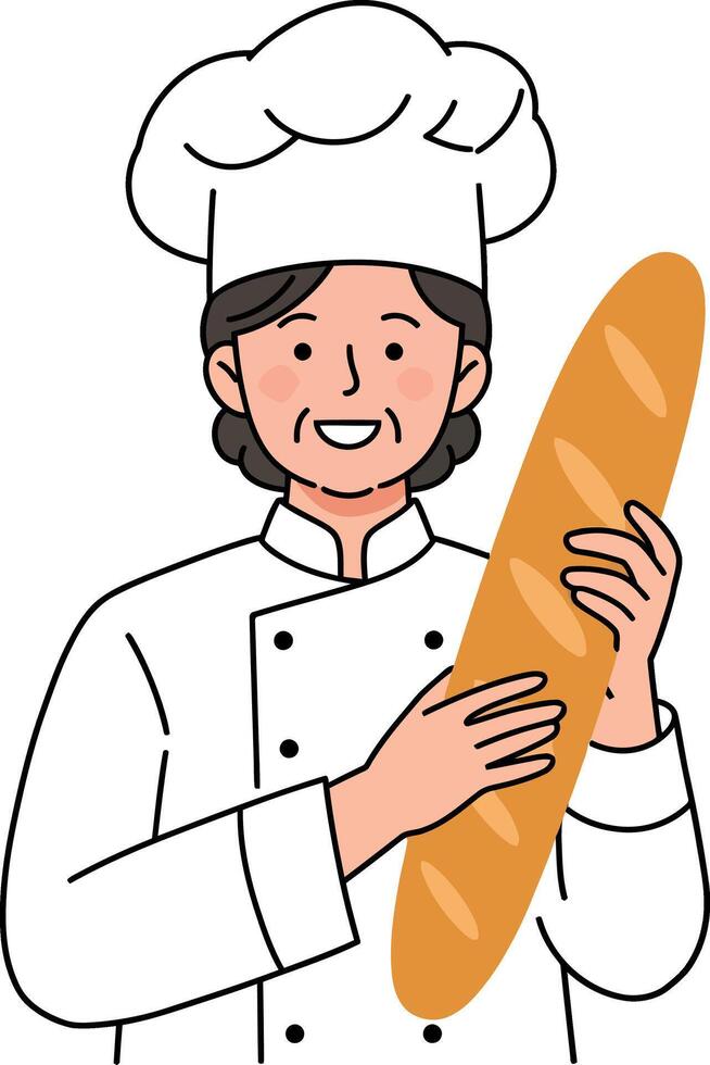 Happy chef holding a freshly baked baguette in minimal illustration vector