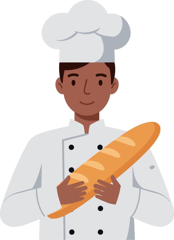 Chef holding a freshly baked baguette in a minimal flat design illustration vector