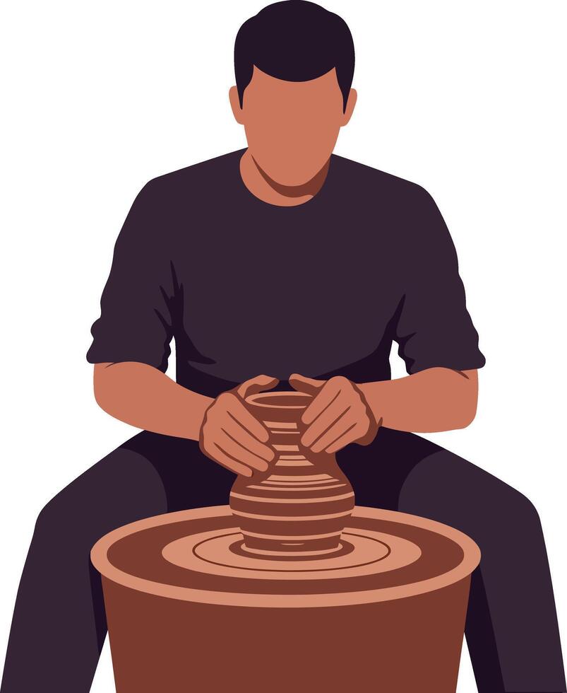 Man shaping clay on a pottery wheel in minimal style art vector