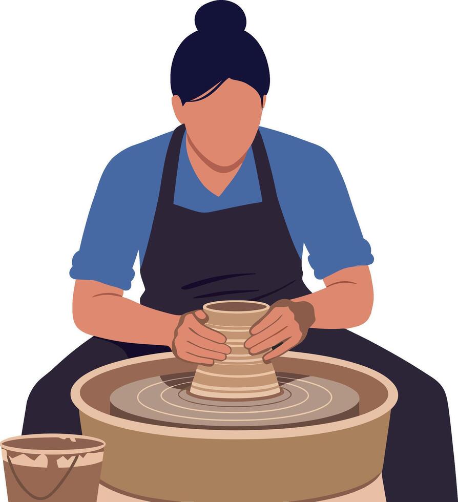 A woman shaping clay on a pottery wheel in a flat design art vector