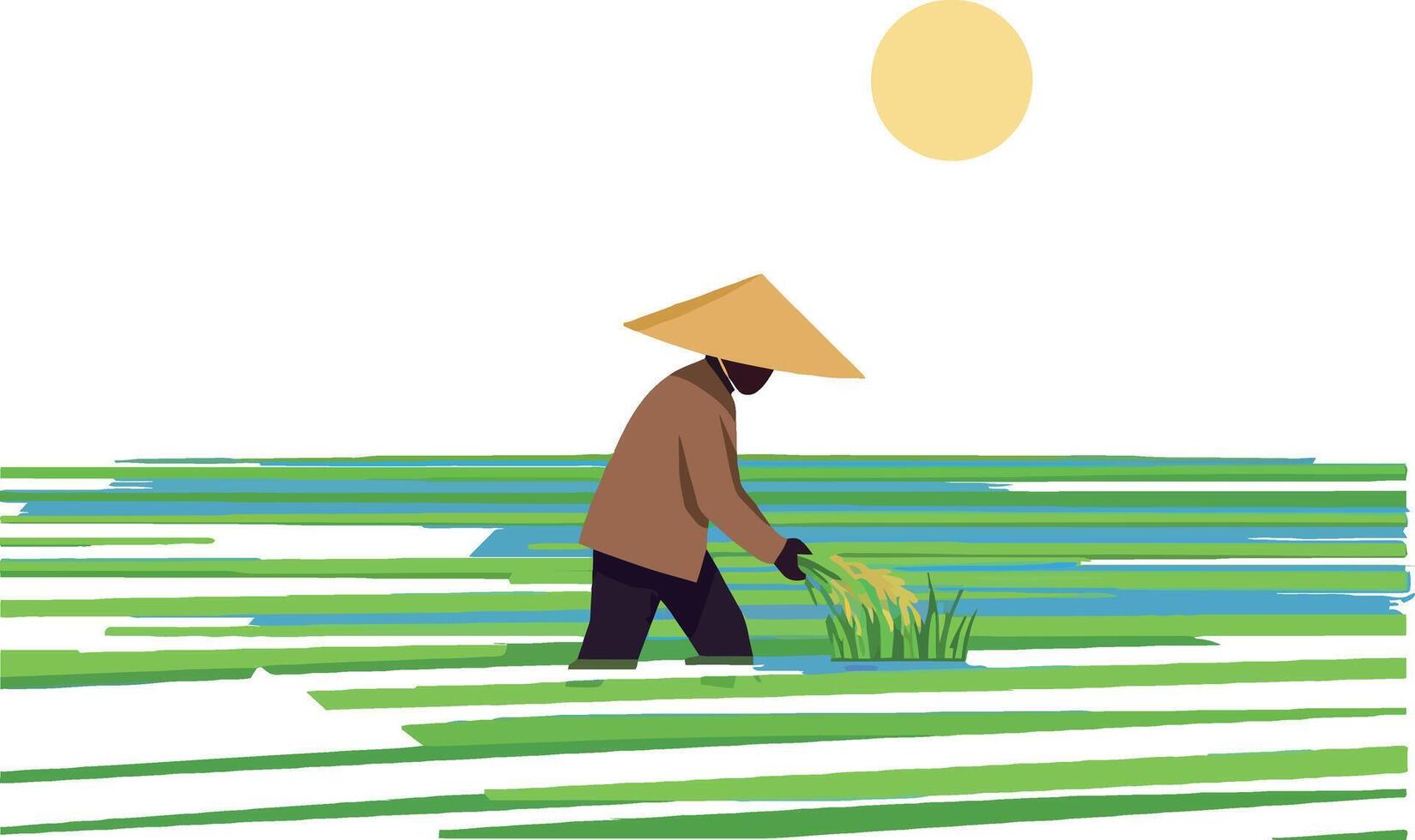 Farmer in a rice field harvesting crops under a bright sun, minimal illustration vector