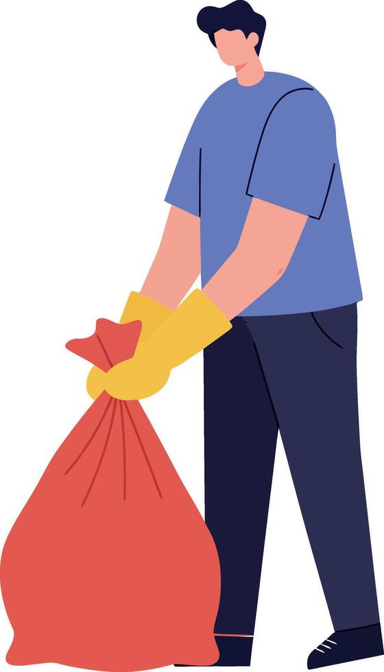 A man wearing yellow gloves holding a red trash bag in a flat illustration vector