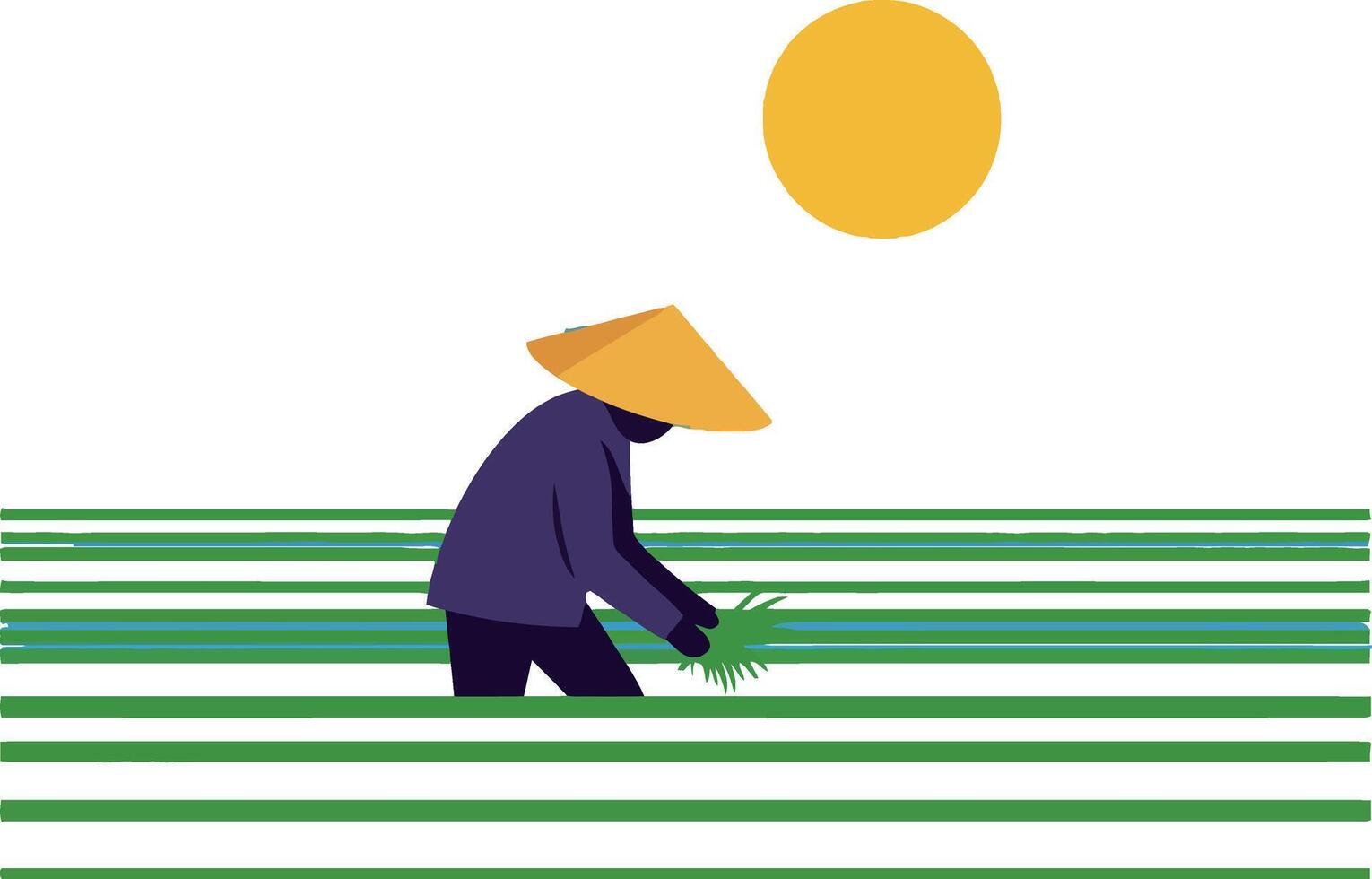 Farmer in a straw hat tending to green rice fields under a bright sun in flat art vector