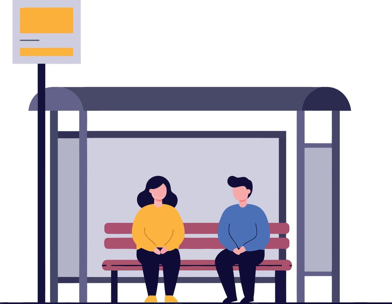 Two people waiting at a bus stop in minimal style illustration vector
