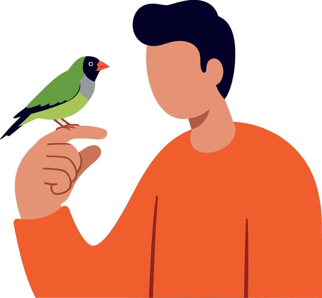 A man gently holding a green bird on his finger in a flat illustration vector