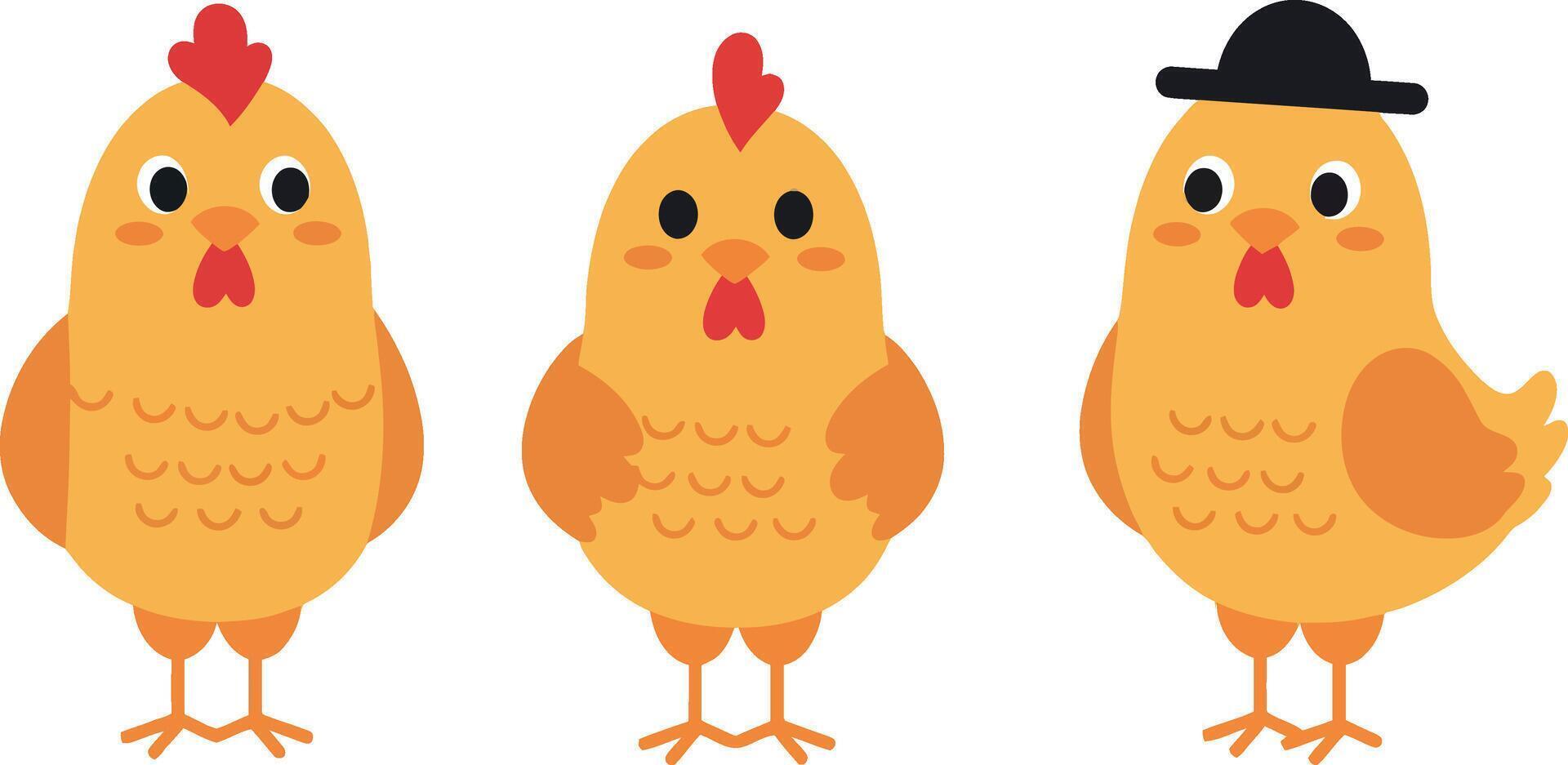 Three cheerful cartoon chickens in flat design style showcasing different poses and expressions in vibrant art vector