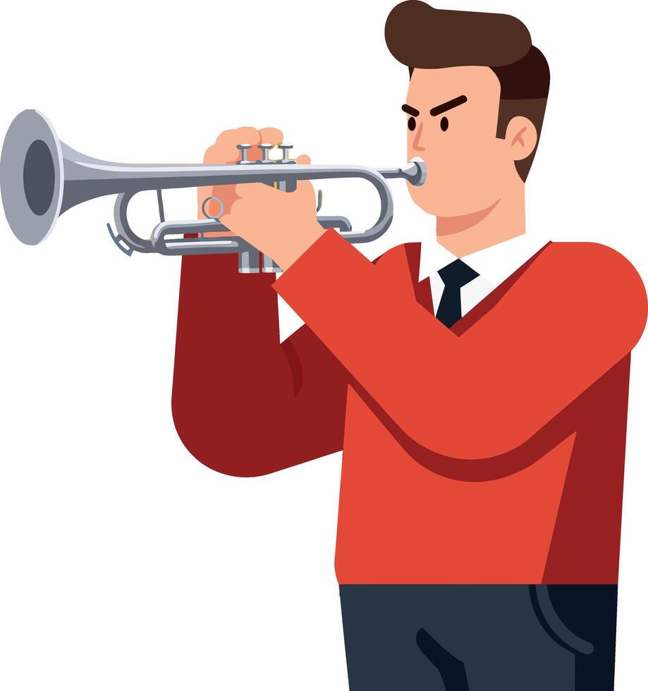 Musician playing a silver trumpet in a vibrant red sweater flat illustration vector