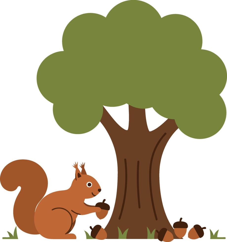 Squirrel happily gathering acorns under a large green tree in a flat illustration vector