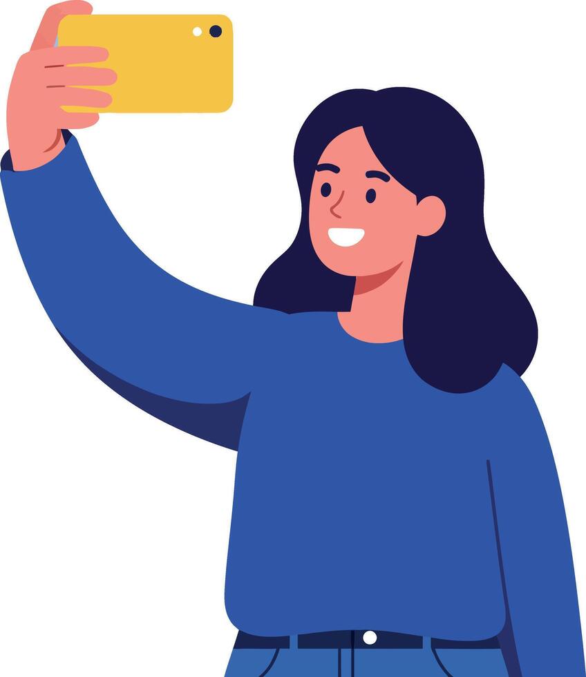 Young woman taking a selfie with a smartphone in a flat illustration style vector