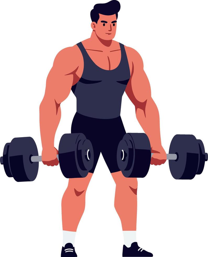 Muscular man lifting heavy dumbbells in a flat design style illustration vector