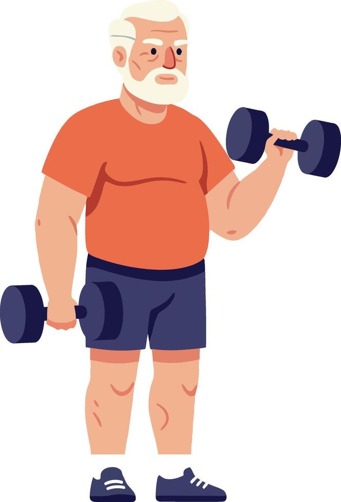 Elderly man exercising with dumbbells in a flat design illustration vector