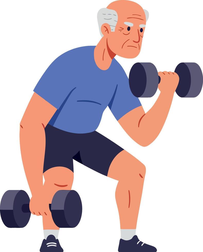 Active elderly man lifting weights in a flat style illustration vector