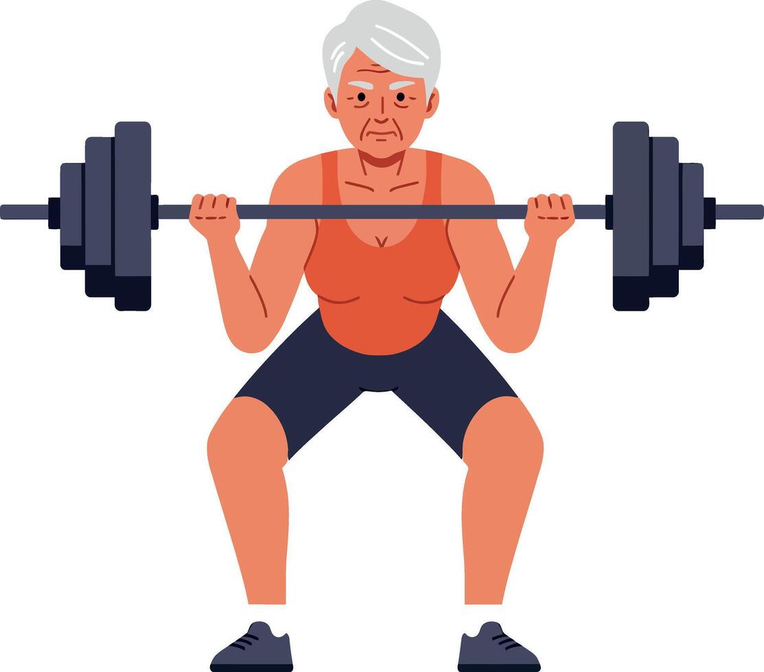 Elderly woman lifting heavy barbell in a dynamic flat design art vector