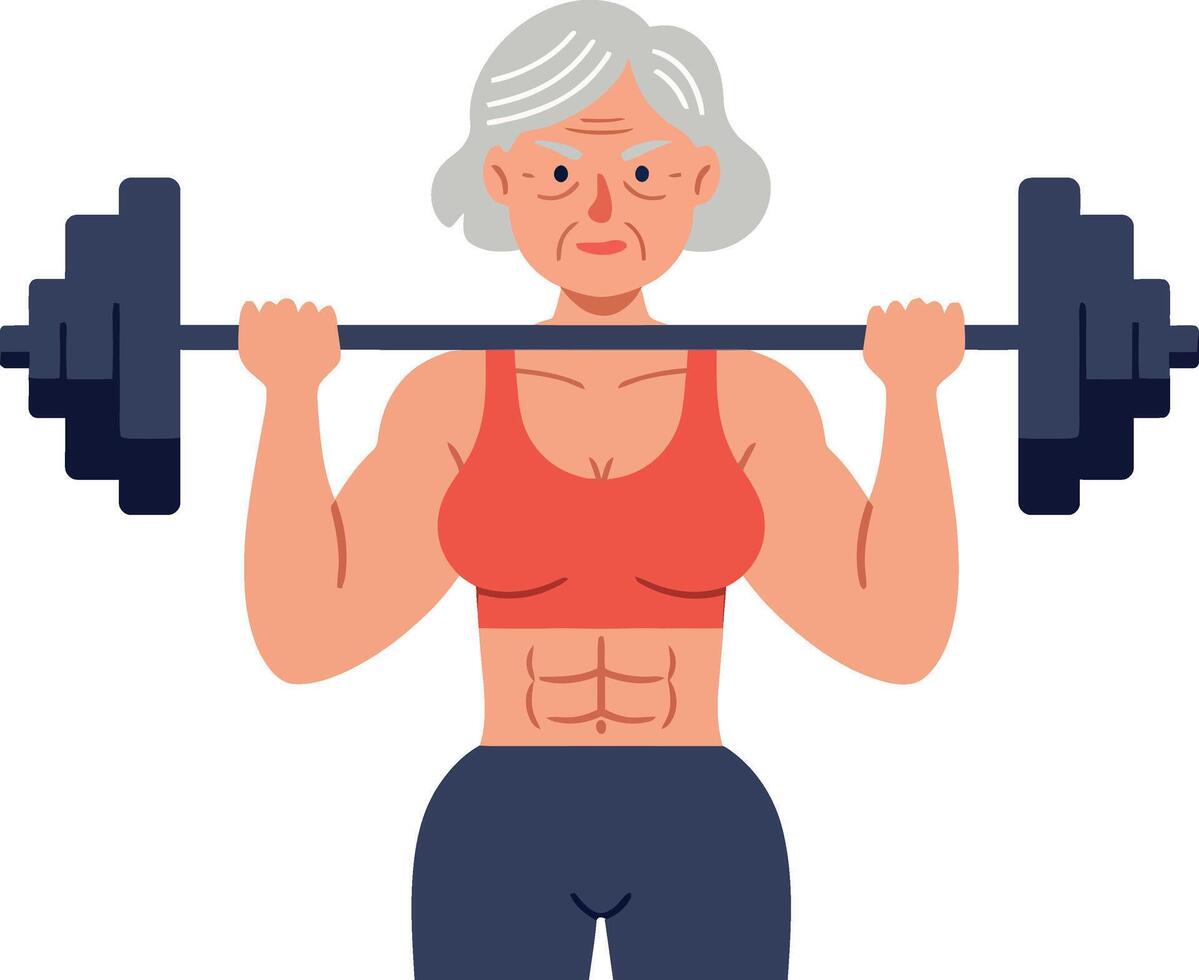 Strong elderly woman lifting weights in a flat, minimal style illustration vector