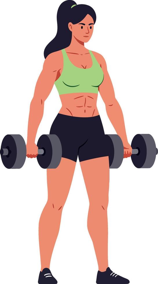 Strong woman lifting dumbbells in a vibrant flat design illustration vector