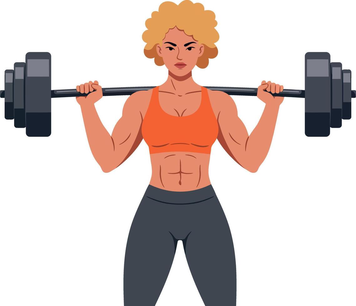 Strong woman lifting weights in a vibrant gym setting with flat illustration vector