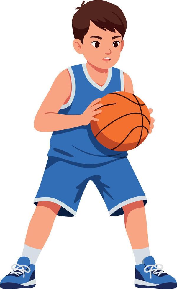 Young basketball player in blue uniform preparing to shoot ball in flat art vector