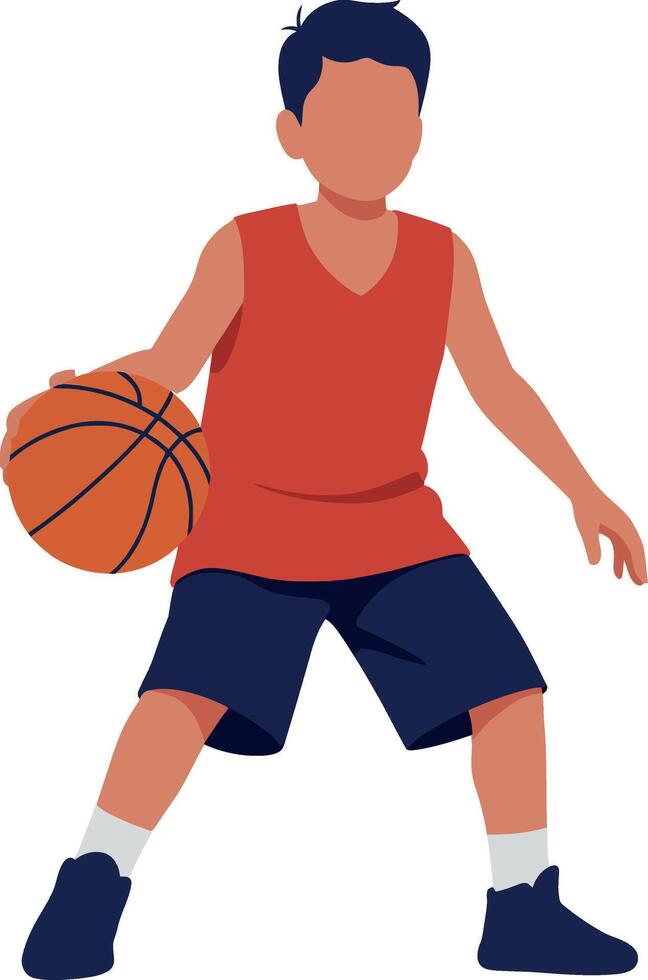 Young boy dribbling a basketball in a dynamic pose, flat illustration vector