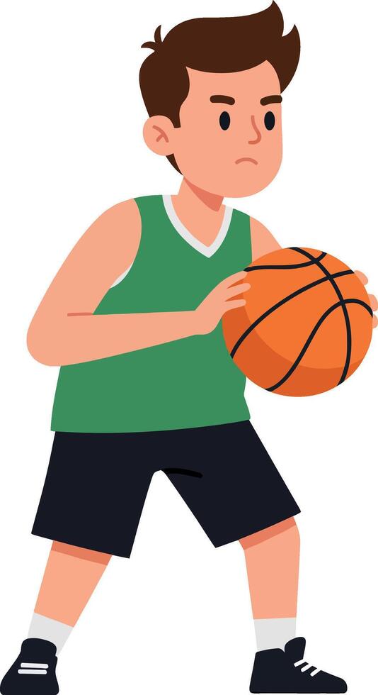 Young basketball player in green jersey preparing to dribble ball in flat art vector