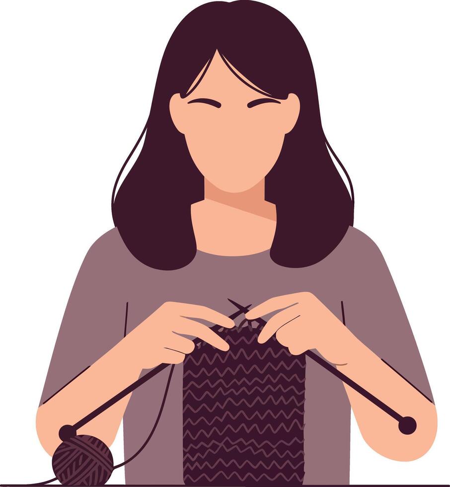 Woman knitting with yarn and needles in a cozy setting, flat illustration vector