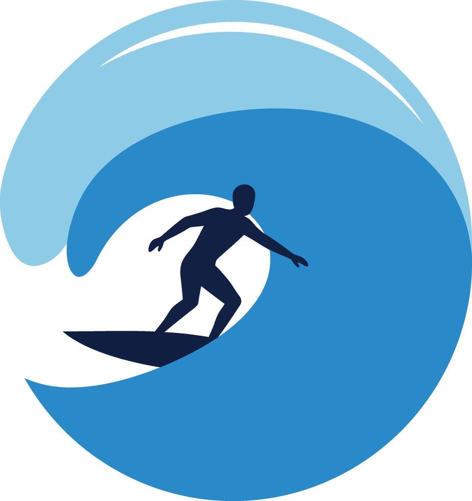 Surfer riding a cresting wave in flat blue tones showcasing dynamic energy art vector