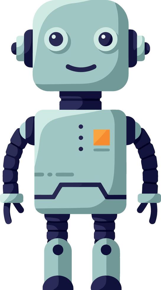 Friendly cartoon robot character with a smiling face in a flat, minimal design style, illustration vector